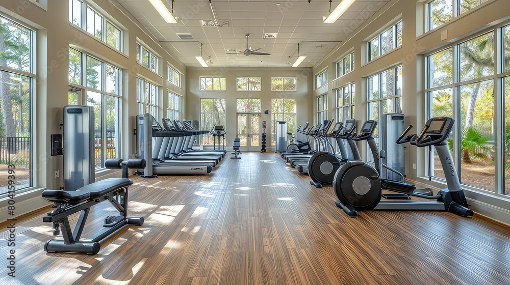 A spacious gym with modern exercise equipment.