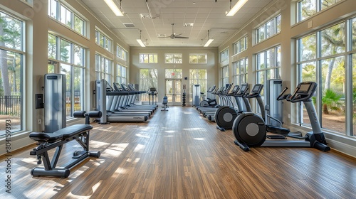 A spacious gym with modern exercise equipment. photo