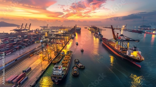 A panoramic view of a bustling port terminal at sunset, with cargo ships lined up along the docks and the sky ablaze with warm colors