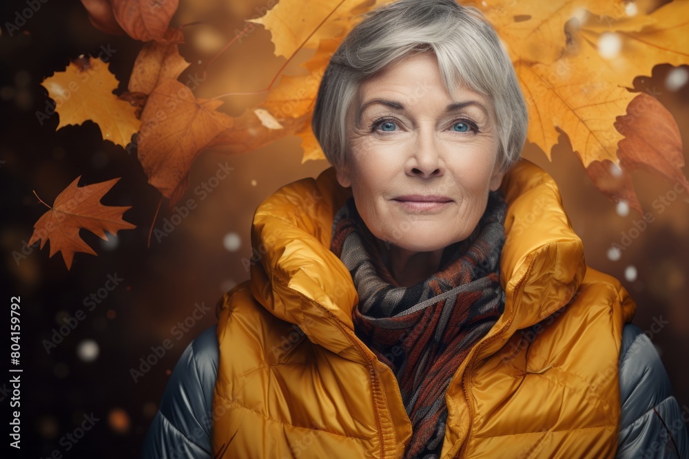 Portrait of a content woman in her 60s dressed in a thermal insulation vest on background of autumn leaves Portrait of a content woman in her 60s dressed in a thermal insulation vest on background of autumn leaves
