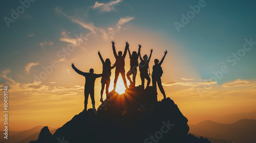 Figures of companions atop the mountain summit, hands aloft in triumph