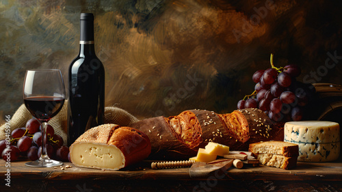 Composition with red wine bread and cheese on table 