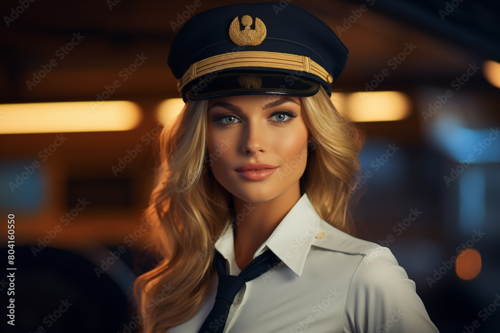 Portrait of Confident Female Airline Pilot in Uniform. Generative AI Portrait of Confident Female Airline Pilot in Uniform. Generative AI