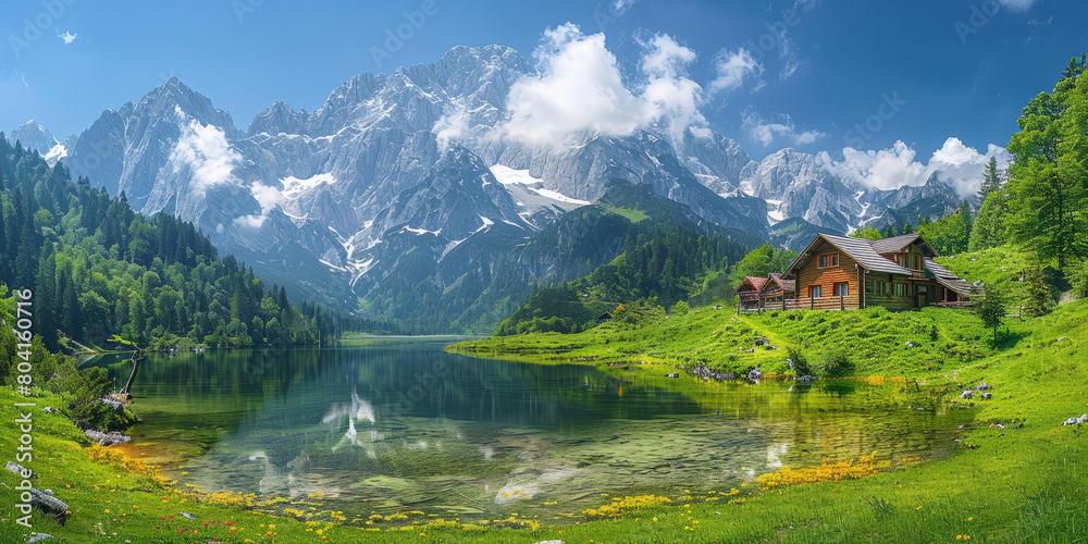 a wooden house beside serene lake with mountain background. Wood cabin on the lake , lake in the mountains, natural landscapes. Nature background a wooden house beside serene lake with mountain background. Wood cabin on the lake , lake in the mountains, natural landscapes. Nature background