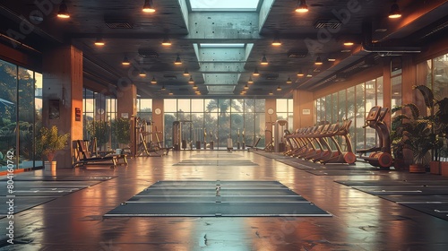 A spacious, well equipped modern gym with floor to ceiling windows offering an inspiring cityscape view during workouts.