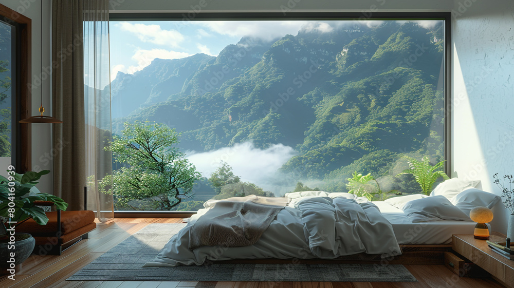 modern bedroom with large window overlooking the mountain modern bedroom with large window overlooking the mountain