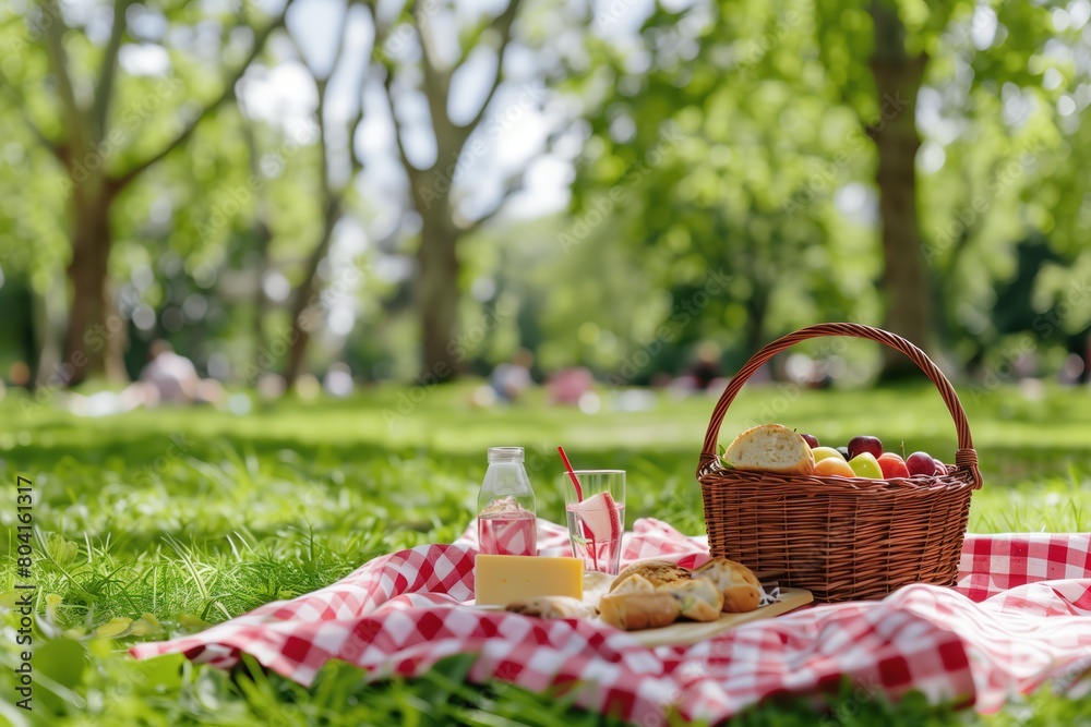 A picnic was set up on the grass in an open park, with a red and white checkered blanket and a basket full of food items like bread, fruits, and cheese, and cold drinks A picnic was set up on the grass in an open park, with a red and white checkered blanket and a basket full of food items like bread, fruits, and cheese, and cold drinks