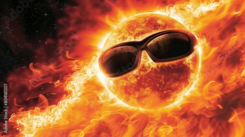 the sun is burning. the sun wearing black sunglasses. hot temperature. global warming. summer heat. 