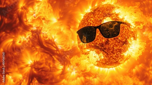 the sun is burning. the sun wearing black sunglasses. hot temperature. global warming. summer heat. 