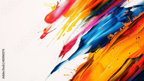 A modern  abstract painting  vibrant splashes of paint and bold strokes set against a solid  gallery white studio background.