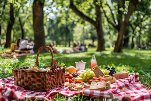 A picnic was set up on the grass in an open park, with a red and white checkered blanket and a basket full of food items like bread, fruits, and cheese, and cold drinks.