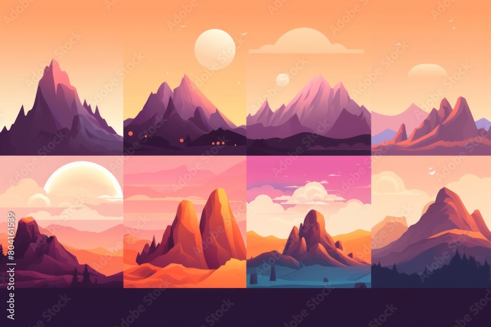 Mountains set. Japanese background with line wave pattern. Abstract template with geometric pattern. Mountain layout design in oriental style. 