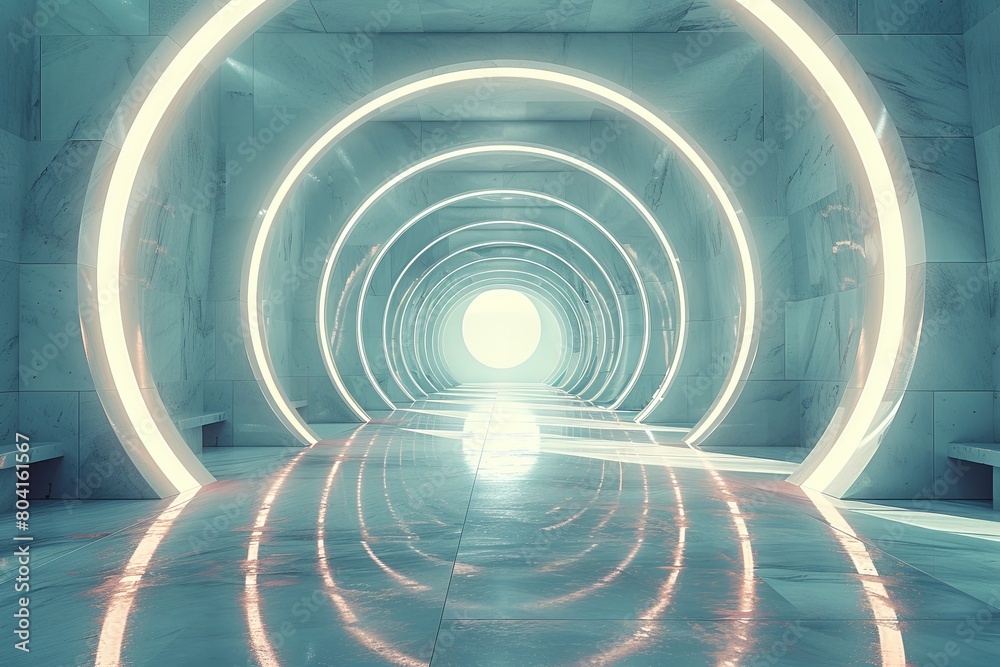 An illuminated tunnel with a circular design set against a fine marble backdrop, offering a serene and enchanting visual effect An illuminated tunnel with a circular design set against a fine marble backdrop, offering a serene and enchanting visual effect