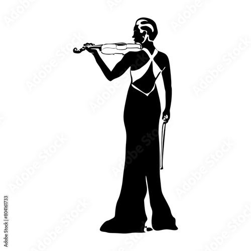 Violinist isolated vector black and white silhouette. Musician standing and playing violin on white background