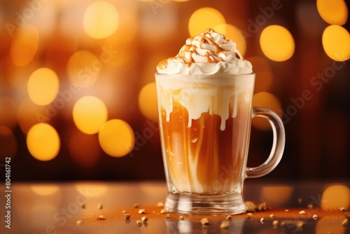 Caramel Delight: Close-up of a caramel macchiato in a glass mug, with a caramel drizzle.