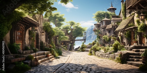 3D render of a fairy tale medieval village in the mountains. © Graphicsstudio 5