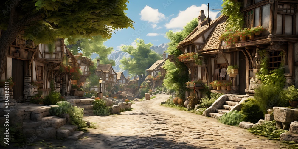 Naklejka premium 3D render of a fairy tale medieval village in the mountains.