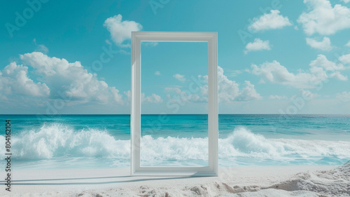Tropical summer beach background with a white frame and copy space for text