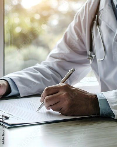 A doctor is writing in their paper with a pen on desk