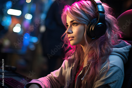 Gamer girl in headphones in a computer club.