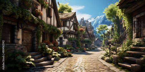 3D render of a fairy tale medieval village in the mountains.