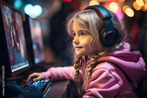 A little girl in pink clothes plays games in a computer club. © Niko_Dali