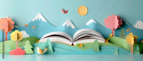 Craft a playful scene for a children s book fair with a popup paper banner, where each fold unfolds a tale, Template paper art concept with copy space