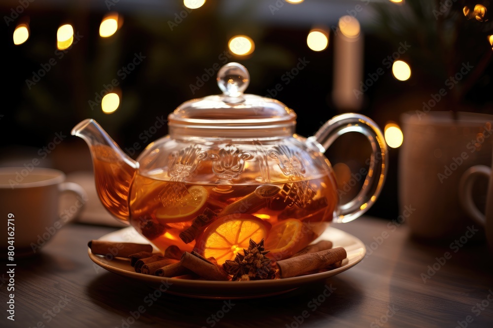 Ginger Spice: Ginger-infused tea in a transparent teapot. Ginger Spice: Ginger-infused tea in a transparent teapot.
