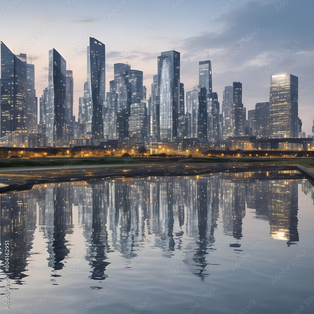 Obraz premium City skyline reflecting in a calm river.