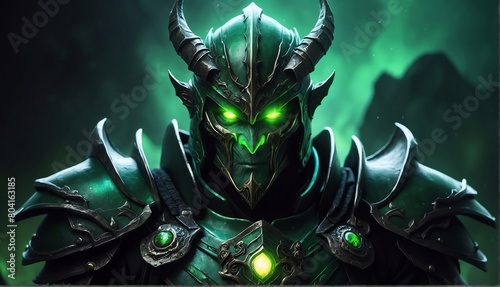 portrait of green theme evil dark warrior with glowing eyes and armor on fantasy dark background from Generative AI