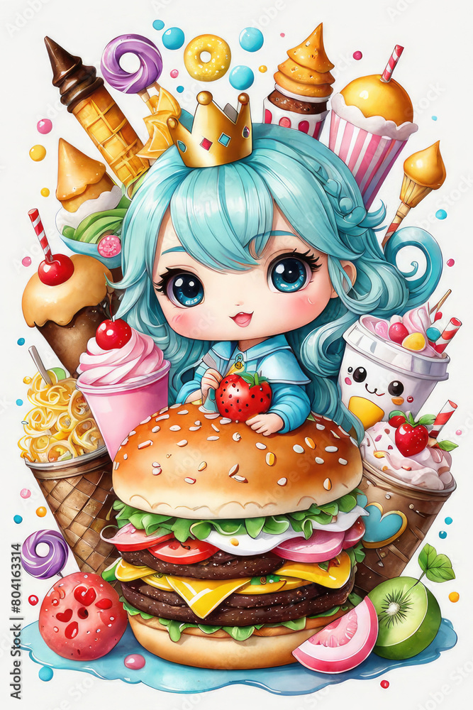 Watercolor composition of fast food junk Kawaii funny cartoon characters.