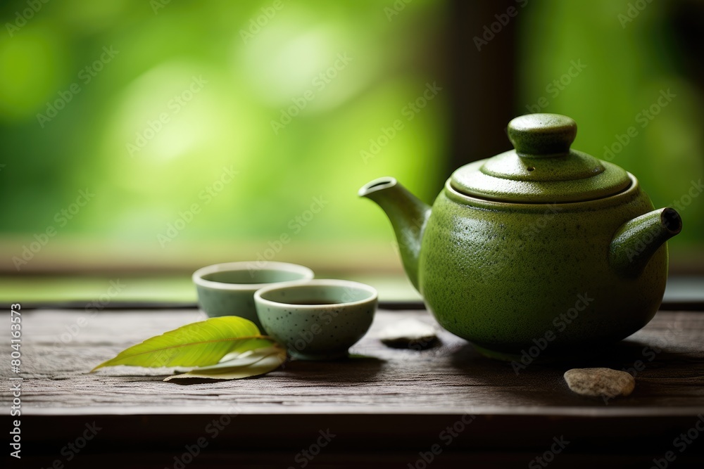 Green Tea Zen: Close-up of a green tea ceremony, with a traditional Japanese tea set. Green Tea Zen: Close-up of a green tea ceremony, with a traditional Japanese tea set.
