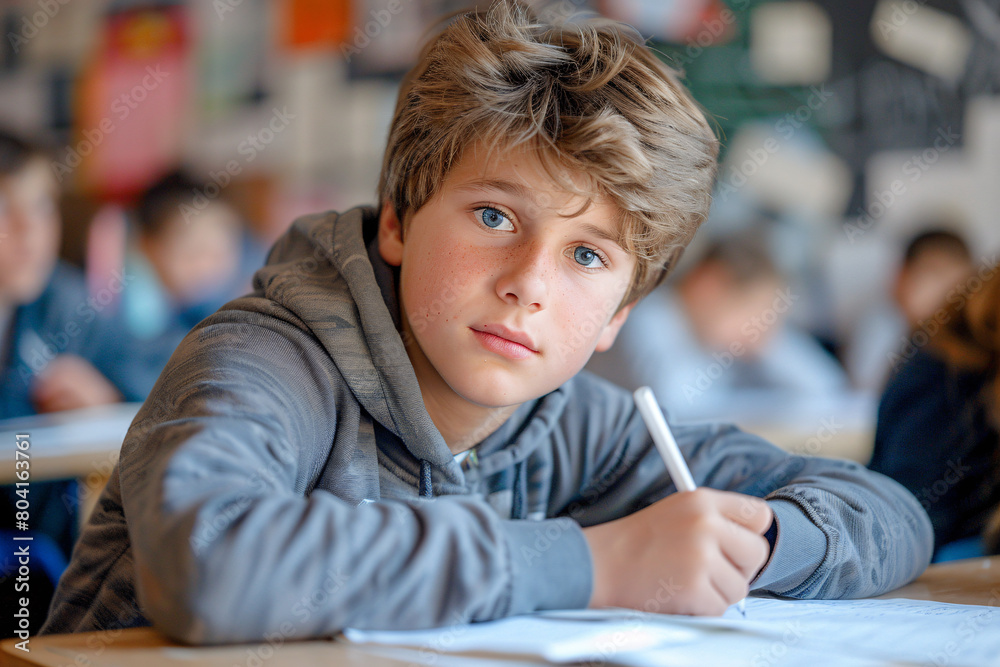 A young boy with blond hair and blue eyes writing a test at school A young boy with blond hair and blue eyes writing a test at school