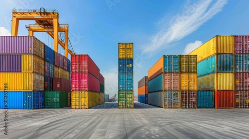 A panoramic view of a busy container terminal, with gantry cranes towering over stacks of colorful shipping containers awaiting transportation photo