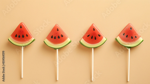 Lollipops in shape of watermelon slice on beige background