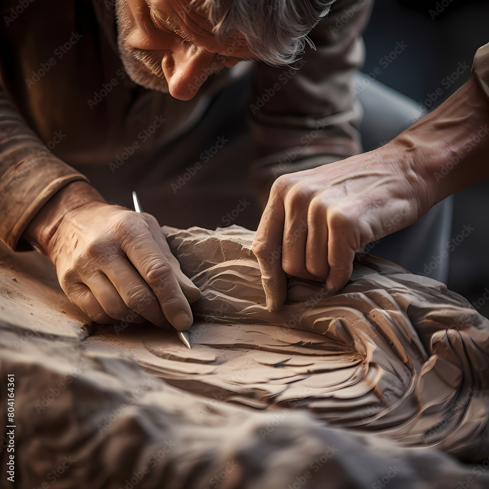 Close-up of a sculptor carving a piece of stone. 