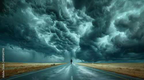 Solitary figure stands on a highway under dramatic, swirling storm clouds, portraying a scene of impending doom amidst the vast isolation of an open landscape