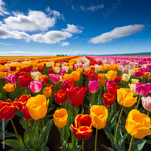 Colorful tulip fields in full bloom. 