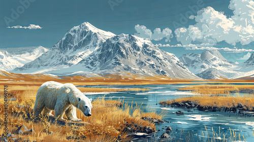 Polar bear on grass, illustrating climate change photo
