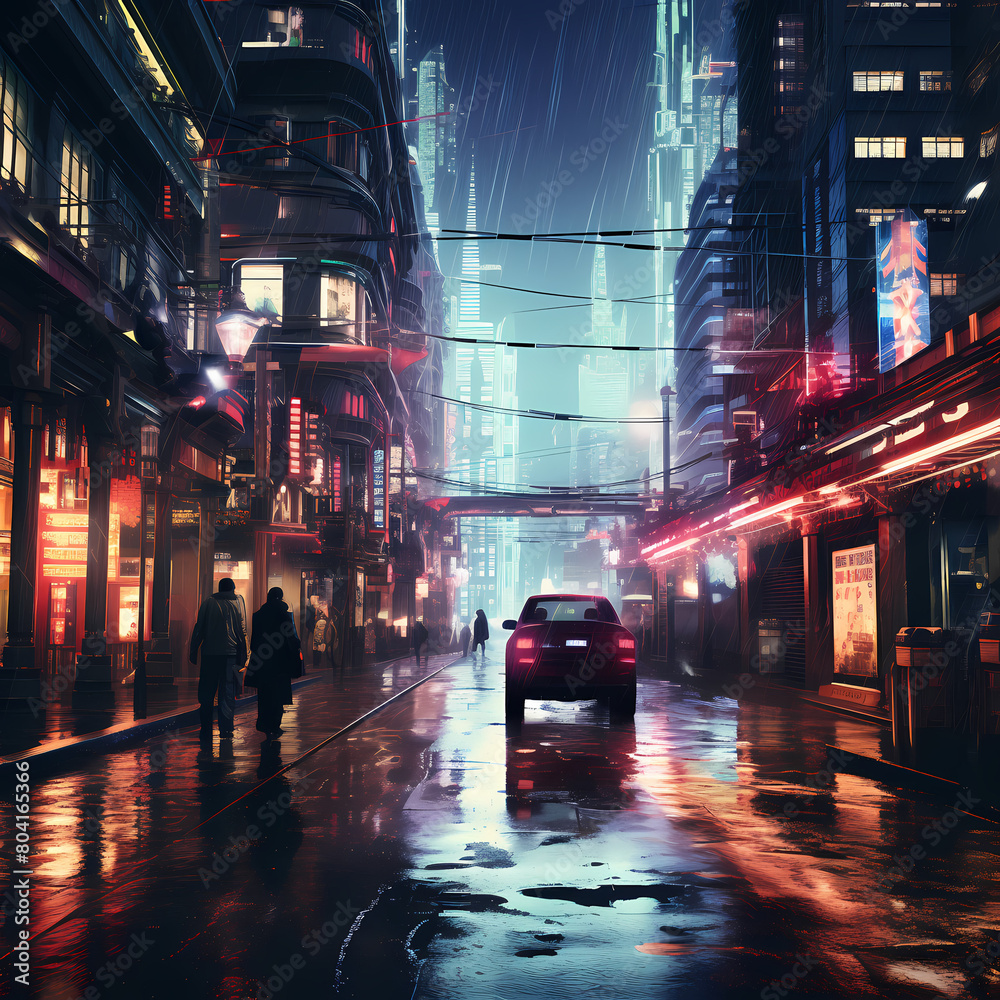 Digital rain falling on a cyberpunk street.