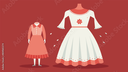 A vintage dress with intricate lace detailing once worn by a young woman on a first date with her nowhusband passed down to her granddaughter for her. Vector illustration
