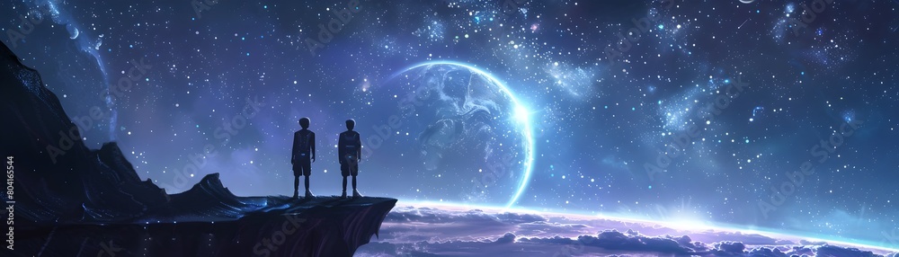 Fototapeta premium Adventurers Stargazing on Futuristic Hover Platform in Dreamlike Celestial Landscape