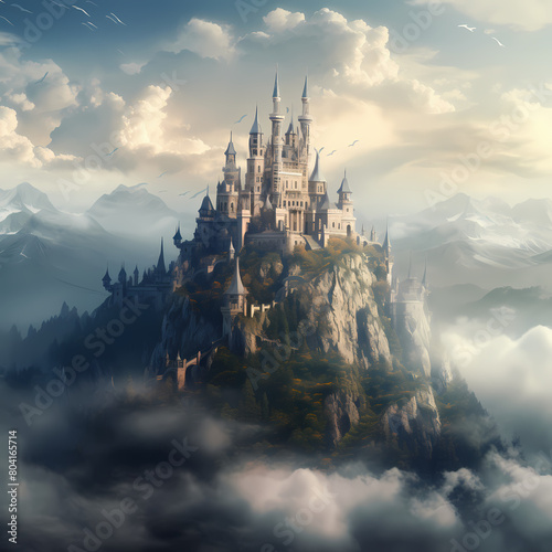 Fantasy castle on a hill surrounded by mist.