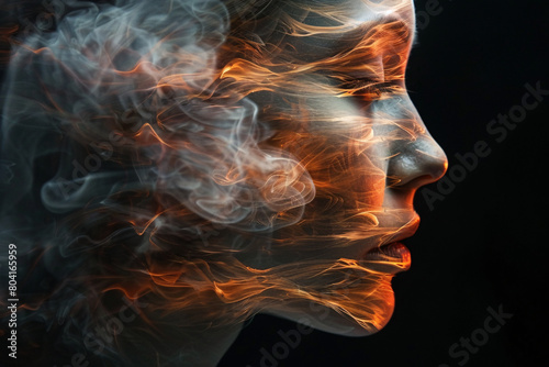 Burnout and stress concept, a double-exposure image of a woman, smoke and flames in front of a black background