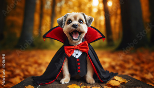 A playful of a small dog dressed in a vampire costume photo