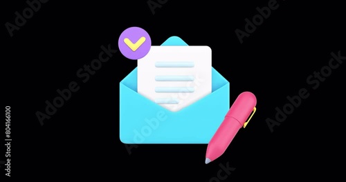 A stylized envelope in light blue is open at the front, revealing a white document with a purple approval checkmark. Beside it lies a vibrant red pen, all set against a solid blue backdrop. photo