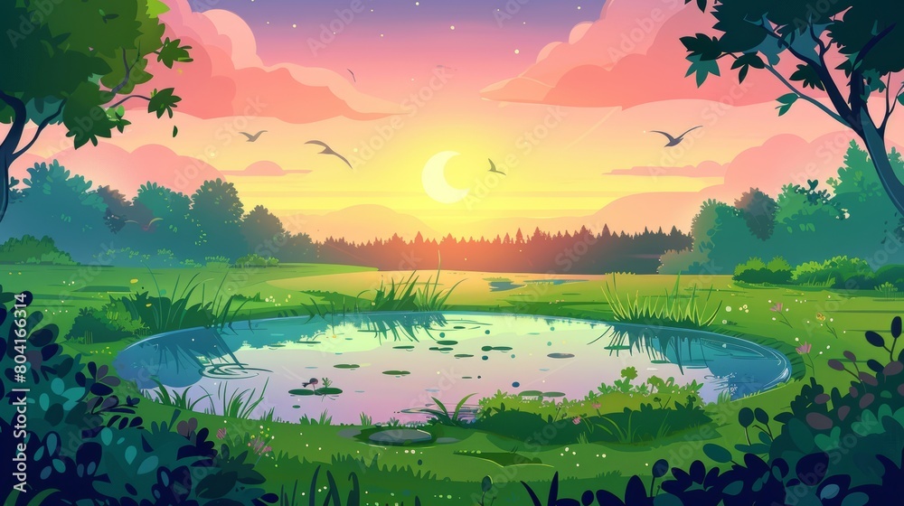 Animated nature scene in the early morning. Field with pond, bushes, flying birds. Modern illustration with lake, crescent in pink sky.