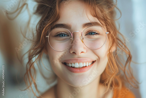 Portrait of a beautiful young brunette woman with big round glasses, blue eyes and a joyful smile