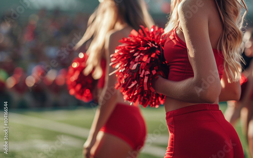 Photo of beautiful and young girls cheerleaders with colored pompoms in their hands for active support of sports team photo