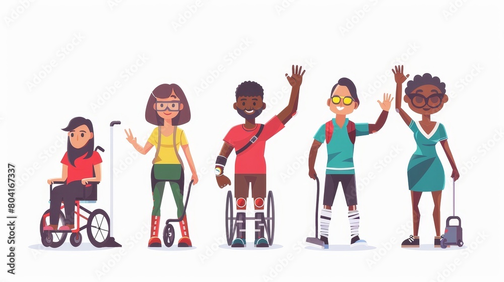 Modern illustration of handicapped people waving hands. Hand and leg prosthetics, woman in wheelchair, African-American on crutches, blind with guide dog.